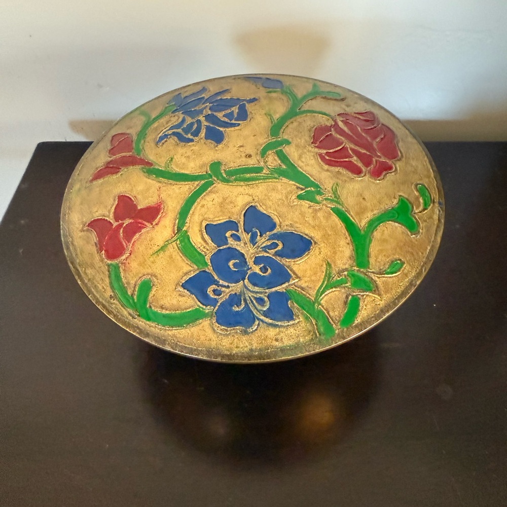 Vintage solid brass footed bowl with Lid painted enamel Flowers Stems Estate‎